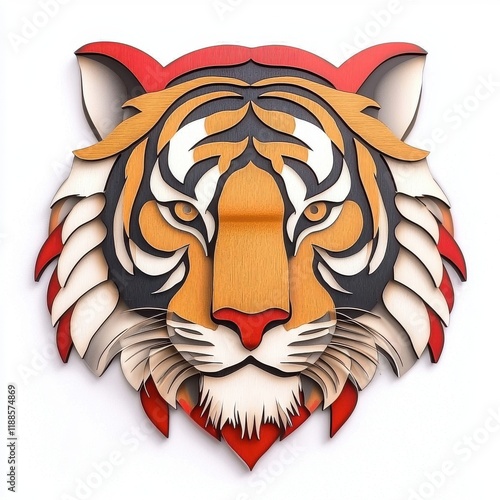 A vibrant, artistic wooden tiger head sculpture featuring intricate layered designs and bold colors, capturing the essence of this majestic animal. photo