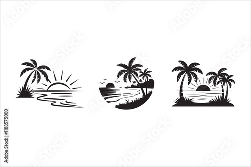 SetSummer sunset tropical beach line art vector illustration, hand drawn sunset and sunrise outline landscape tropical beach, palm tree with sunset waves Nature view, Kids drawing Beach coloring pages photo