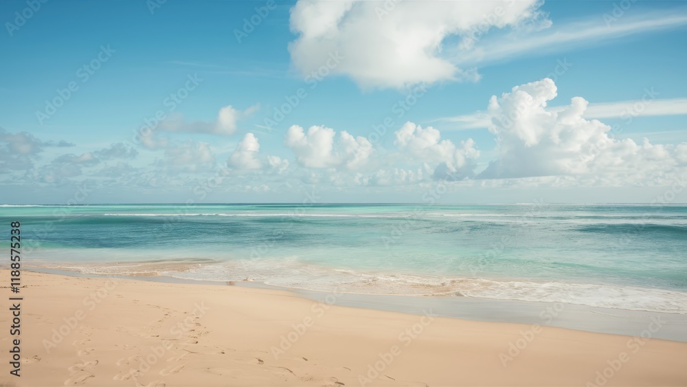 Obraz premium Serene tropical beach, turquoise ocean waves, soft sandy shore, fluffy white clouds, clear blue sky, peaceful coastline, gentle surf, tranquil seascape, sun-drenched landscape, idyllic vacation scene,