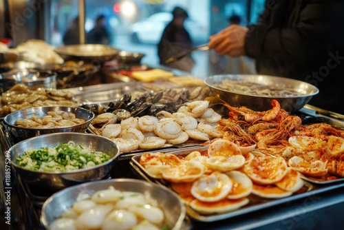 Traditional seafood scallion pancakes at Bupyeong Kkangtong Market in Busan Korea photo