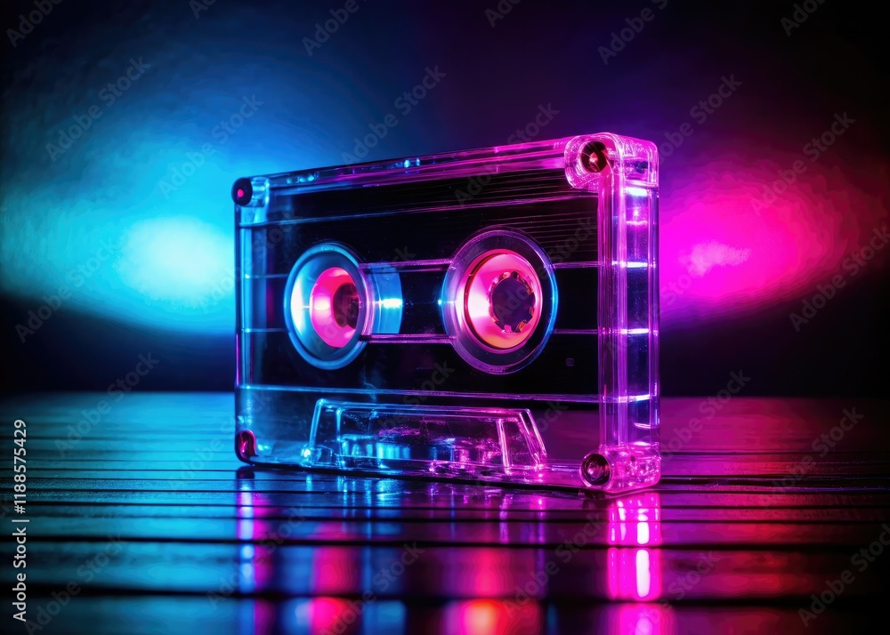 Fototapeta premium Retro pink and blue neon cassette tape, minimalist 80s aesthetic.