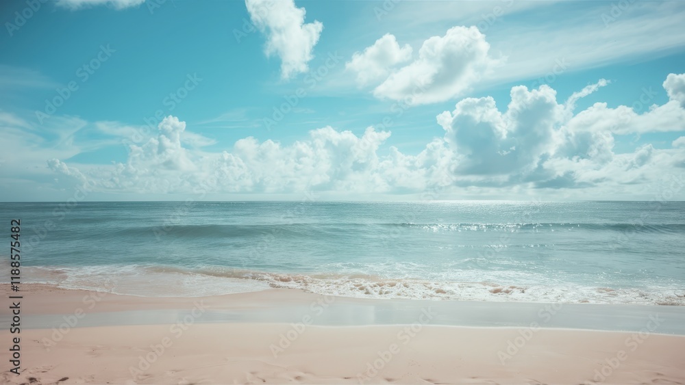 Fototapeta premium Serene tropical beach, turquoise ocean waves, soft sandy shore, fluffy white clouds, clear blue sky, peaceful coastline, gentle surf, tranquil seascape, sun-drenched landscape, idyllic vacation scene,