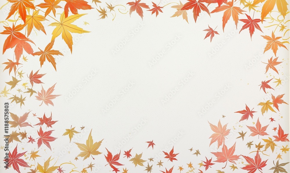 A white background with golden Japanese patterns and colorful maple leaves at the bottom of the frame, creating an autumnal atmosphere.
A white background with golden Japanese patterns and colorful maple leaves at the bottom of the frame, creating an autumnal atmosphere.