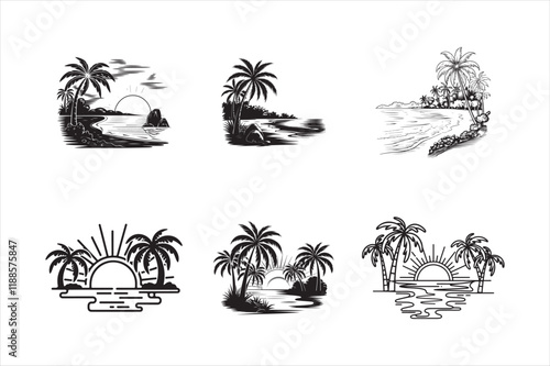 SetSummer sunset tropical beach line art vector illustration, hand drawn sunset and sunrise outline landscape tropical beach, palm tree with sunset waves Nature view, Kids drawing Beach coloring pages