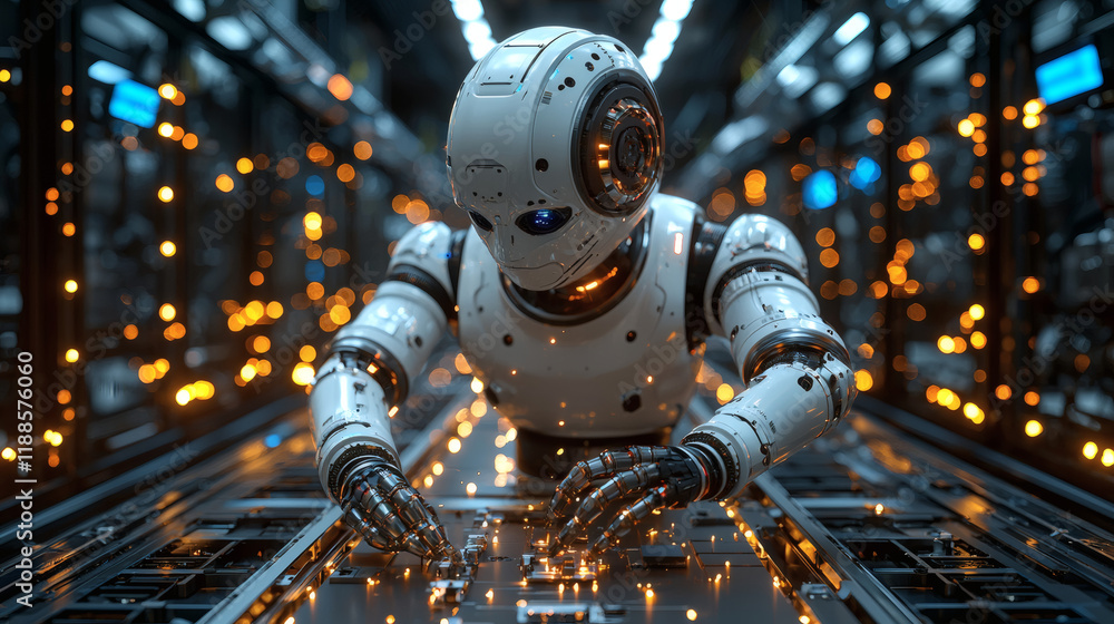 Fototapeta premium Robot Repairing Circuit Board: A futuristic, humanoid robot meticulously repairs a glowing circuit board within a technologically advanced facility.
