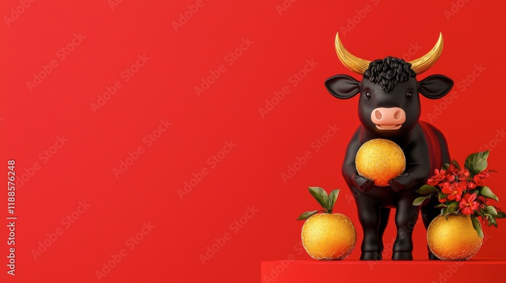 Fototapeta premium A decorative black bull holding an orange, surrounded by oranges and flowers, set against a bright red background, symbolizing prosperity and celebration.