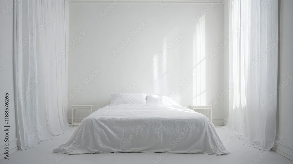 custom made wallpaper toronto digitalWhite minimalist bedroom interior with sheet bed, blanket and pillows all white colors on double wood bed frame.Empty double bed .ready for rest and sleep. Nice and clean bedroom design concept.