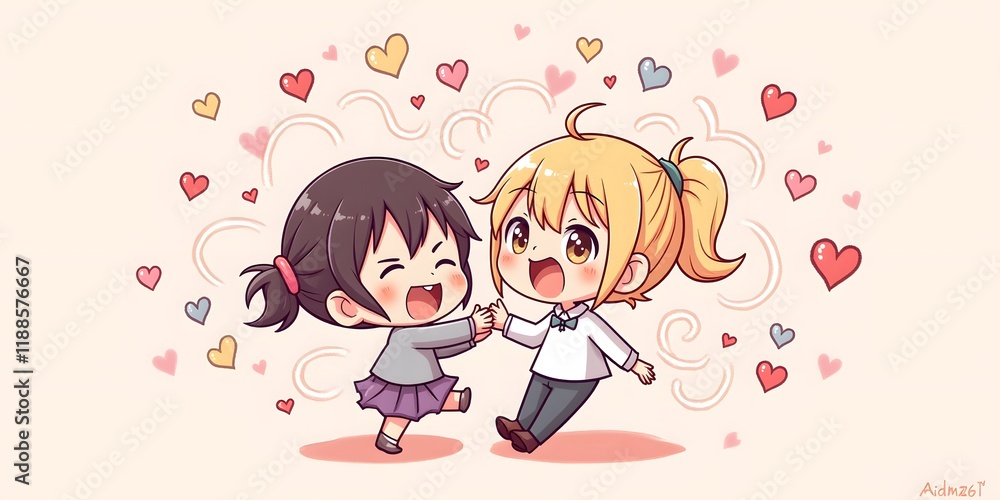 Two adorable chibi girls joyfully dance, hands clasped, amidst a flurry of colorful hearts, radiating pure happiness and friendship. A delightful scene of youthful glee! Two adorable chibi girls joyfully dance, hands clasped, amidst a flurry of colorful hearts, radiating pure happiness and friendship. A delightful scene of youthful glee!
