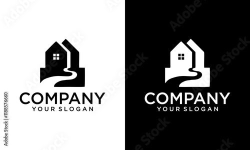 Creative Black river house logo vector icon illustration