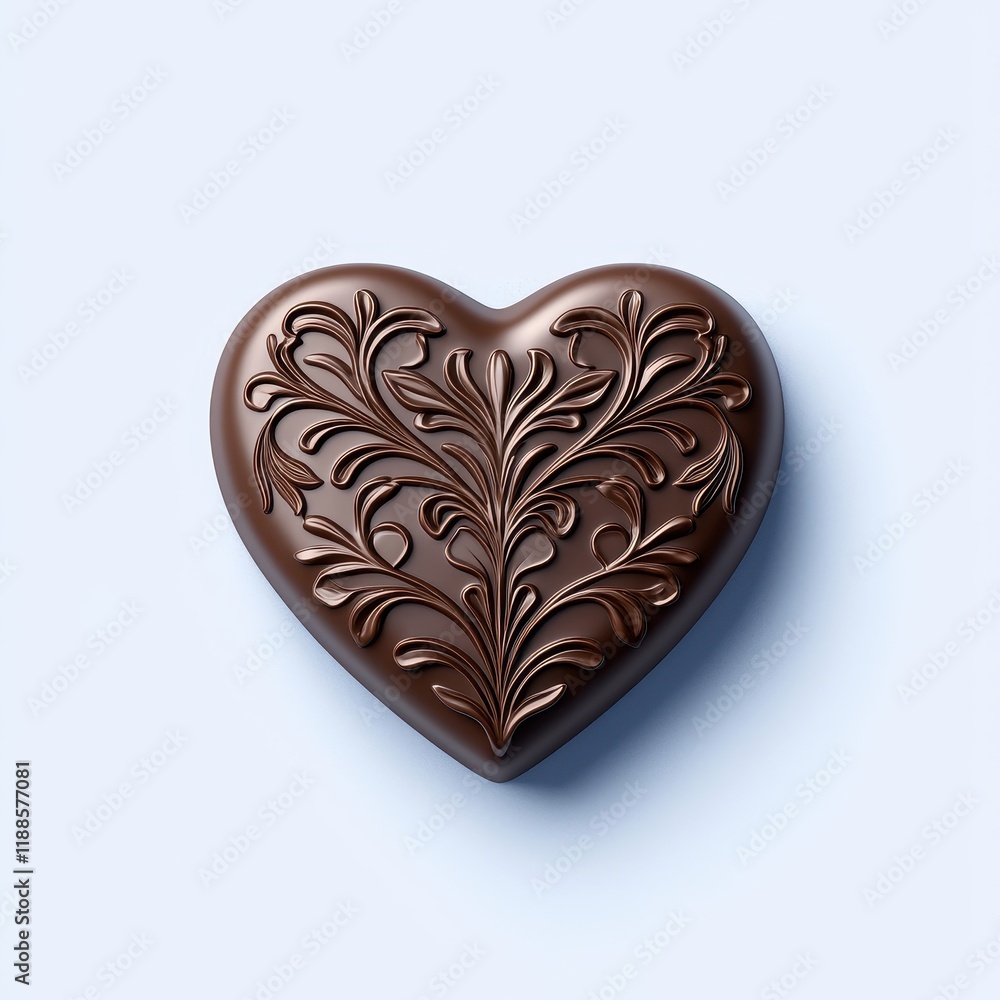 Happy Valentine's Day. Heart-shaped chocolate with elegant floral designs on a light blue background. Happy Valentine's Day. Heart-shaped chocolate with elegant floral designs on a light blue background.