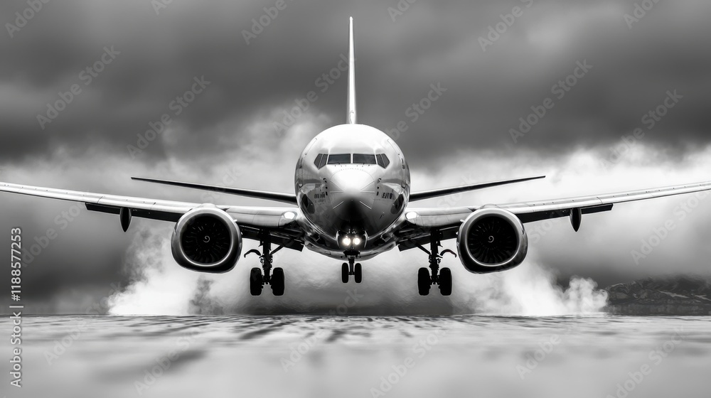Naklejka premium A large passenger jet flying through a cloudy sky