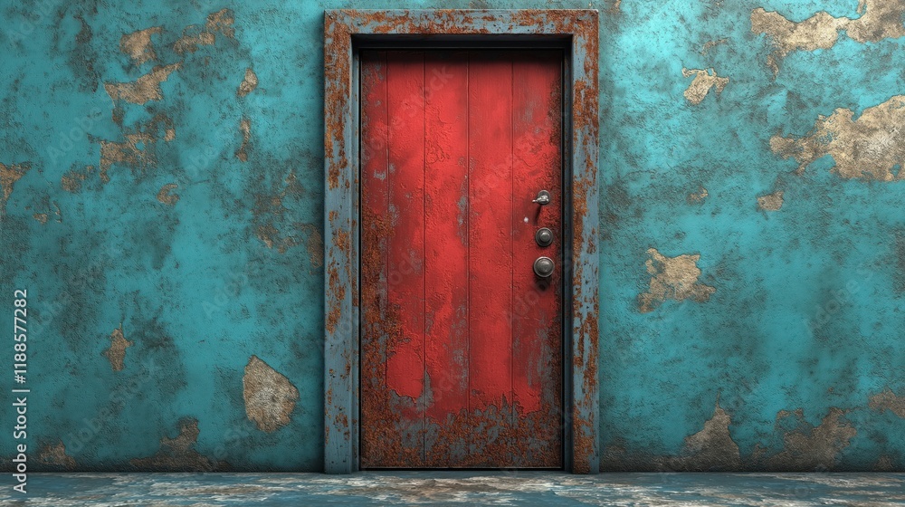 Rusty red door on weathered blue wall. Old building exterior with damaged rusty metal door frame. Weathered paint, chipped paint on wall. Industrial design, urban decay theme. Forgotten abandoned Rusty red door on weathered blue wall. Old building exterior with damaged rusty metal door frame. Weathered paint, chipped paint on wall. Industrial design, urban decay theme. Forgotten abandoned