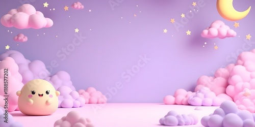 Sweet dreams are made of this! ✨ A whimsical 3D rendering of a happy character amidst fluffy clouds, stars, and a crescent moon. Perfect for kids' rooms or dreamy backgrounds. photo