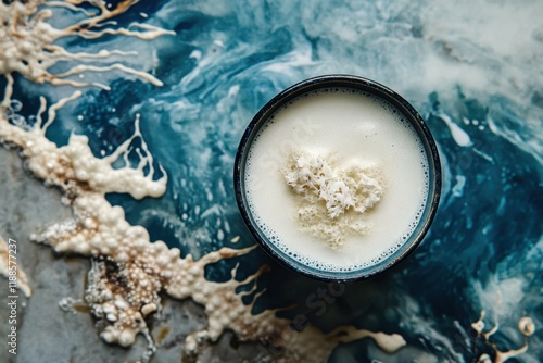 Creamy Beverage in Dark Bowl on Blue Swirled Background