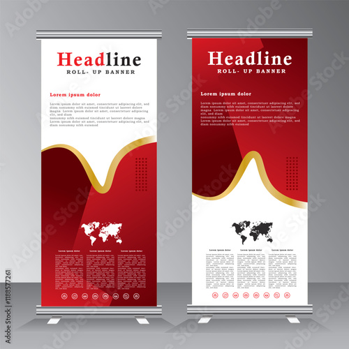 roll up banner template for business, vertical banner template, abstract geometric standee banner, modern x-banner and pull up, vertical banner with red color and gold line,