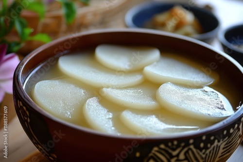 Tteokguk is a traditional Lunar New Year soup made with oval rice cakes in broth typically beef based but chicken or seafood can be included photo