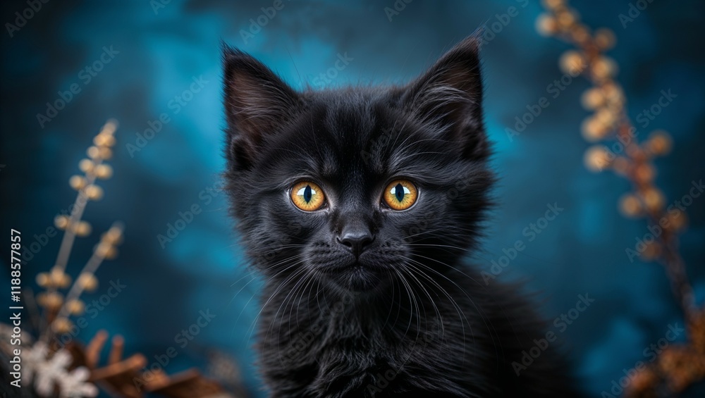 Portrait of a cute black and white kitten with fluffy fur and green eyes Portrait of a cute black and white kitten with fluffy fur and green eyes