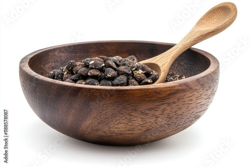 Wooden bowl and spoon with Job s tears Adlay millet on white backdrop photo