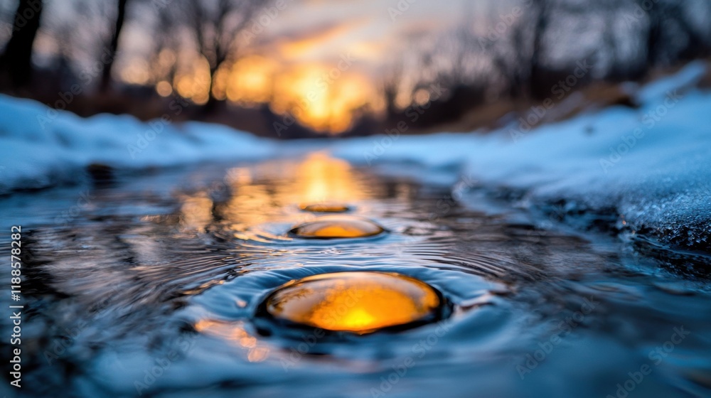 Obraz premium A puddle of water with the sun setting in the background