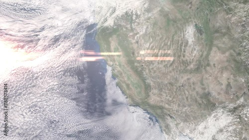 Zooming in on Modesto, USA frome space - Perfect for Travel Intros and Backgrounds. Realistic 3D Animation.