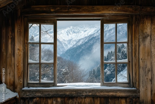 Wooden frame for window and door in a Japanese home photo