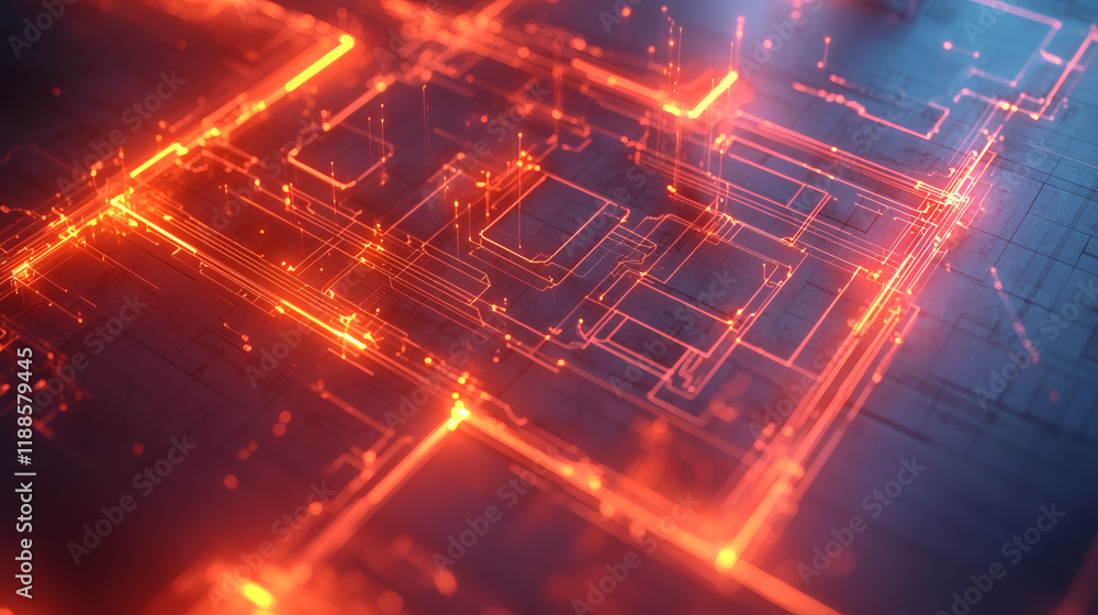 Obraz premium Abstract Digital Circuitry: Glowing red and blue lines intersect on a dark background creating a mesmerizing abstract digital circuit board pattern.