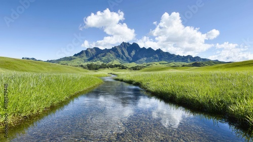 A small stream running through a lush green field