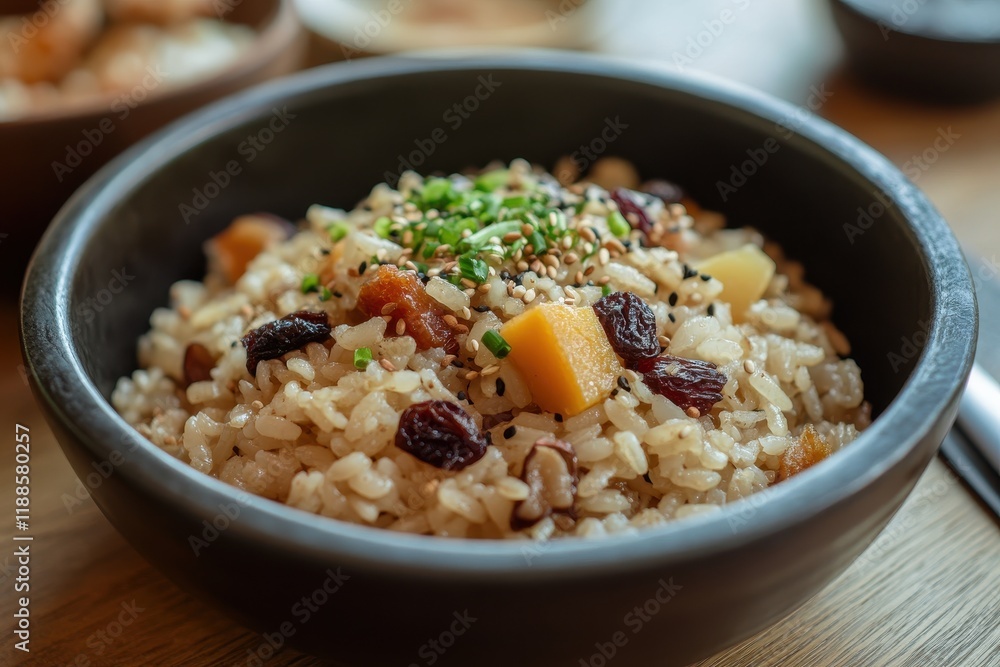 Yaksik is a Korean dessert made with sweet rice dried fruit and nuts Yaksik is a Korean dessert made with sweet rice dried fruit and nuts