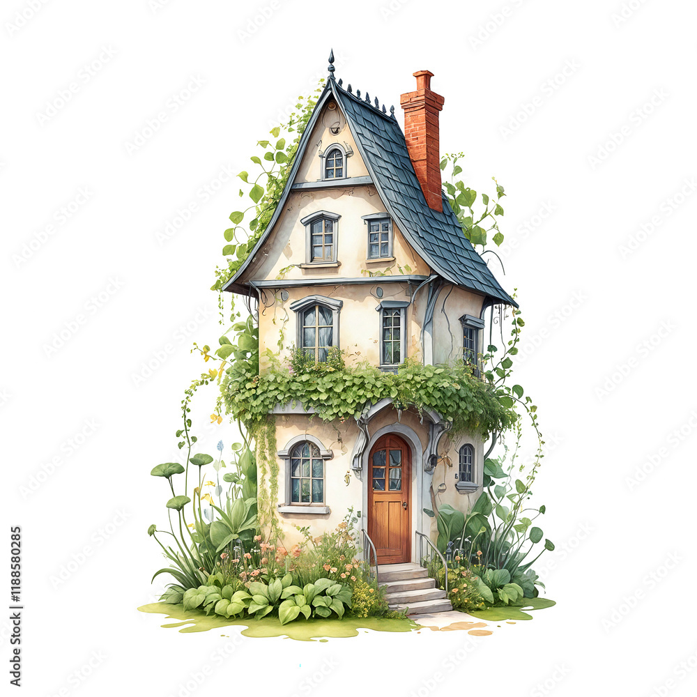 Whimsical fantasy little house. Tall, narrow watercolor design wrapped in ivy and flowers. Isolated on white background. Perfect for magical and creative designs... Whimsical fantasy little house. Tall, narrow watercolor design wrapped in ivy and flowers. Isolated on white background. Perfect for magical and creative designs...