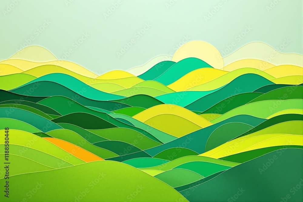 Obraz premium Colorful abstract landscape with green and yellow layered hills, a minimalist sun, and a soft gradient background. Concept of nature and tranquility