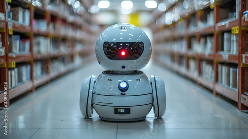 Wallpaper Mural Robot in Aisle: A futuristic white robot stands confidently in a sleek aisle, a symbol of innovation and technological advancement. Torontodigital.ca