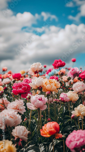 Fototapeta Naklejka Na Ścianę i Meble -  Blooming peonies in a vibrant garden under a bright summer sky
