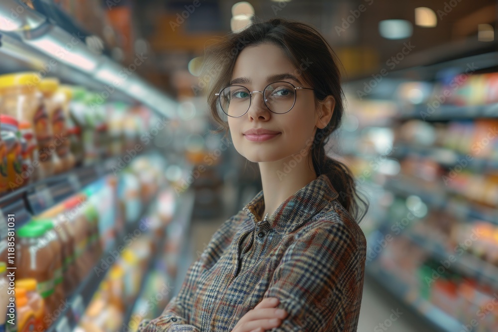 Confident woman owner at supermarket aisle. Confident woman owner at supermarket aisle.