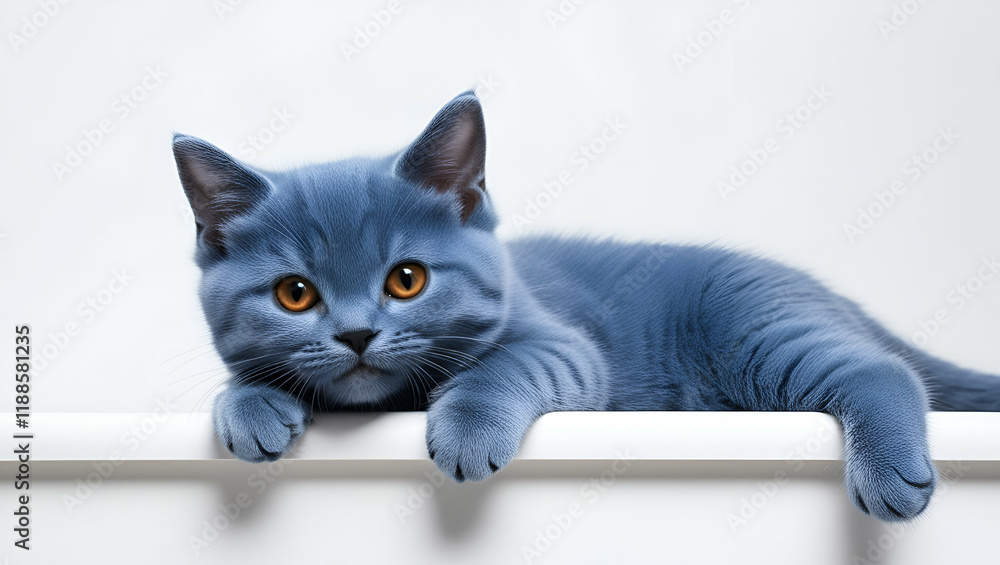 A charming British Shorthair cat with a solid blue coat, resting with an elegant front view pose, orange eyes fixed on the camera, and one paw dangling over the edge A charming British Shorthair cat with a solid blue coat, resting with an elegant front view pose, orange eyes fixed on the camera, and one paw dangling over the edge