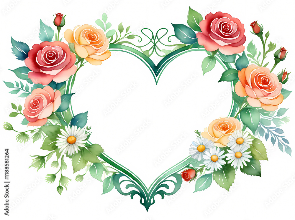 Heart shaped floral frame roses daisies Heart shaped floral frame roses daisies