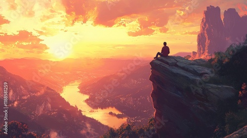 Wallpaper Mural Majestic Sunset Vista: A Solitary Figure Contemplates the Breathtaking Panorama of Mountains and River Valley Torontodigital.ca