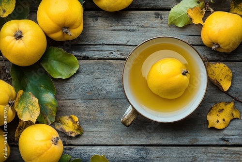 Yellow quince from Chaenomeles japonica and a beverage in a mug on wood showcasing autumn s vitamin C rich tangy fruit tea photo