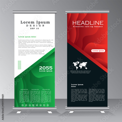 Modern red and green color roll up business brochure flyer banner design vertical template, cover presentation background, modern publication x-banner and flag-banner, Roll up banner stand
