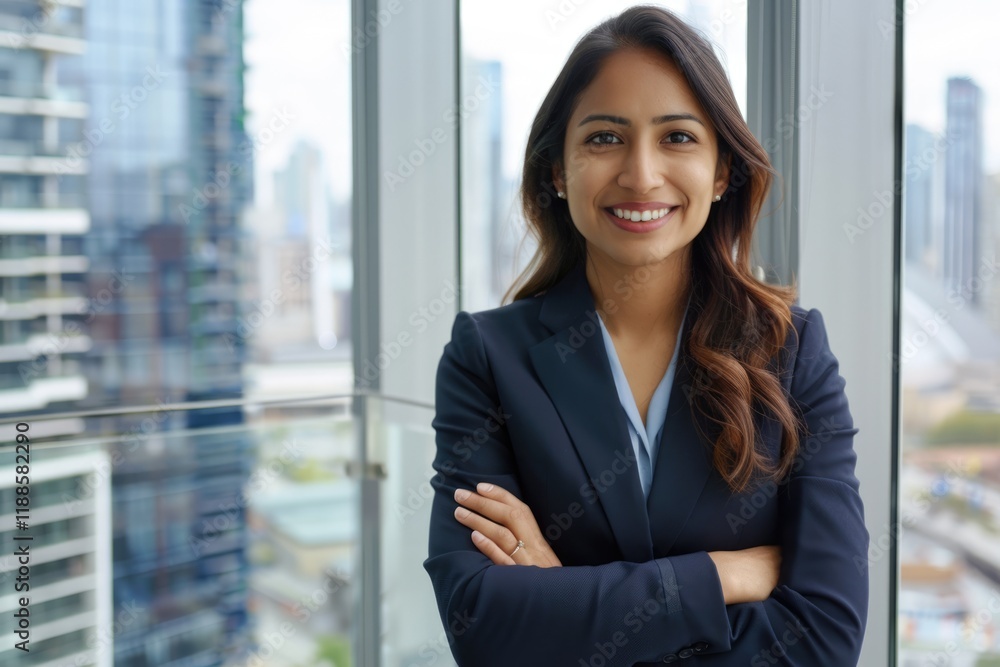 Indian woman CEO in Toronto office leadership motivation and happiness. Indian woman CEO in Toronto office leadership motivation and happiness.