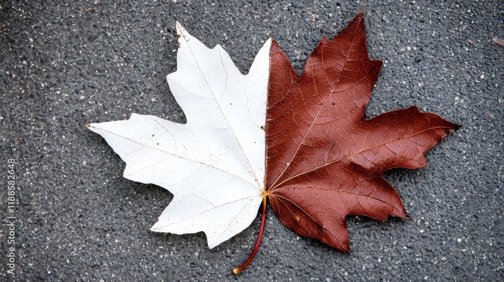 A red and white maple leaf laying on the ground A red and white maple leaf laying on the ground