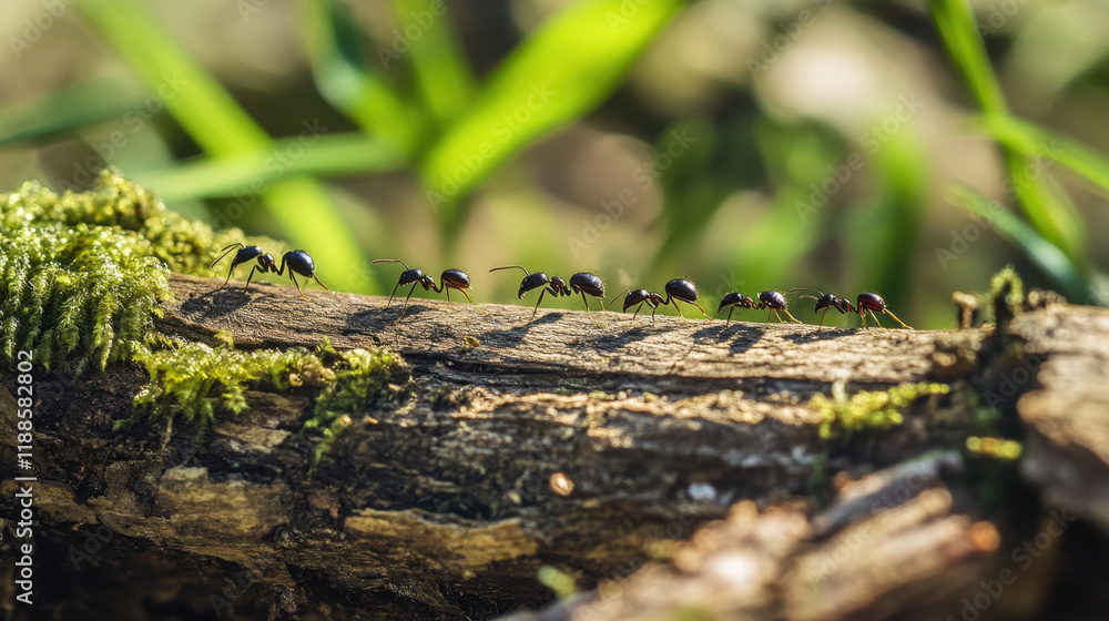 A line of ants navigates across a mossy log, showcasing their teamwork as they move through the warm sunlight filtering through nearby foliage. This moment captures nature's intricate details. A line of ants navigates across a mossy log, showcasing their teamwork as they move through the warm sunlight filtering through nearby foliage. This moment captures nature's intricate details.