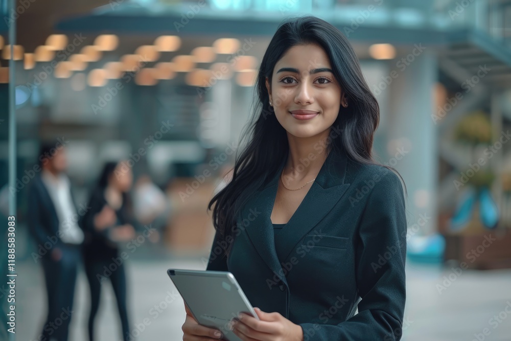 Indian businesswoman CEO smiling young professional with tablet and co workers talking. Indian businesswoman CEO smiling young professional with tablet and co workers talking.