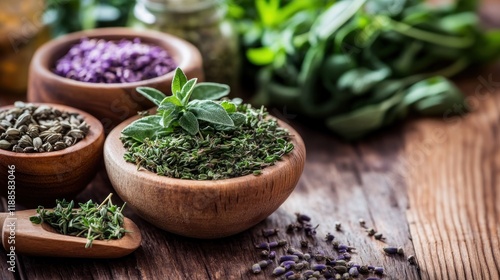 Fototapeta Naklejka Na Ścianę i Meble -  Herbs de Provence On A Wooden Background