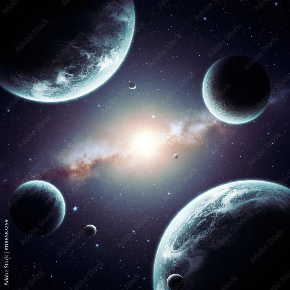 Fototapeta premium Space scene, multiple planets, celestial bodies, cosmic view, ethereal glow, blue hues, dark starry background, orbital alignment, planetary rings, atmospheric effects, celestial light, deep space, ce