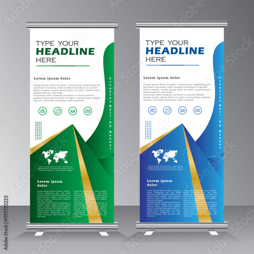 Modern blue and green color roll up business banner designwith gold line, gold line vertical banner template, cover presentation background, modern publication x-banner, Roll up banner stand