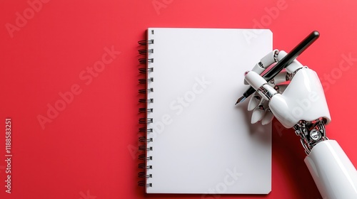 A robotic hand holds a pen poised above a blank notebook on a vibrant red background, symbolizing creativity and technology.