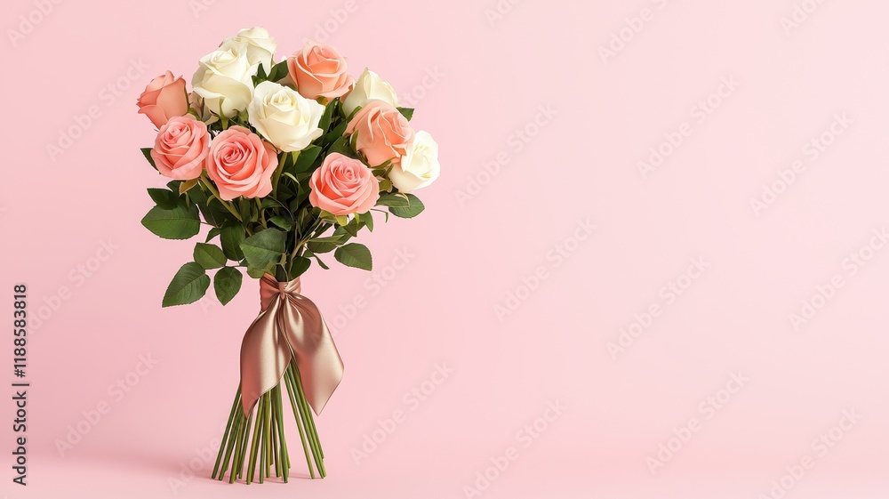 Obraz premium Happy Valentine's Day. Bouquet of pink and white roses tied with ribbon on a soft pink background.