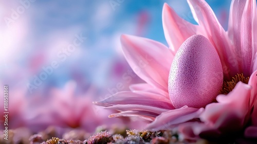 A close up of a pink flower with a blue background