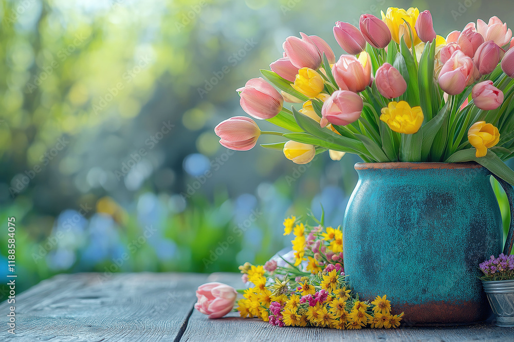 Fresh blooms and vibrant colors enhance spring cleaning activities in a cheerful outdoor setting