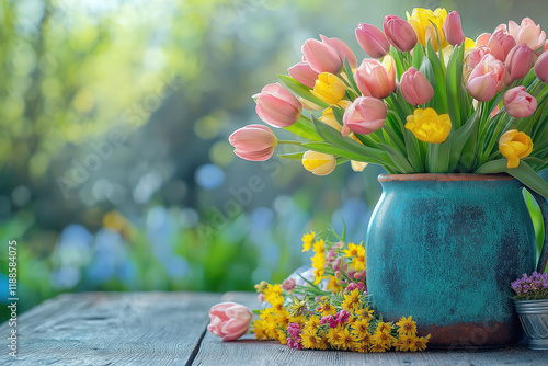 Obraz na płótnie Fresh blooms and vibrant colors enhance spring cleaning activities in a cheerful outdoor setting w salonie
